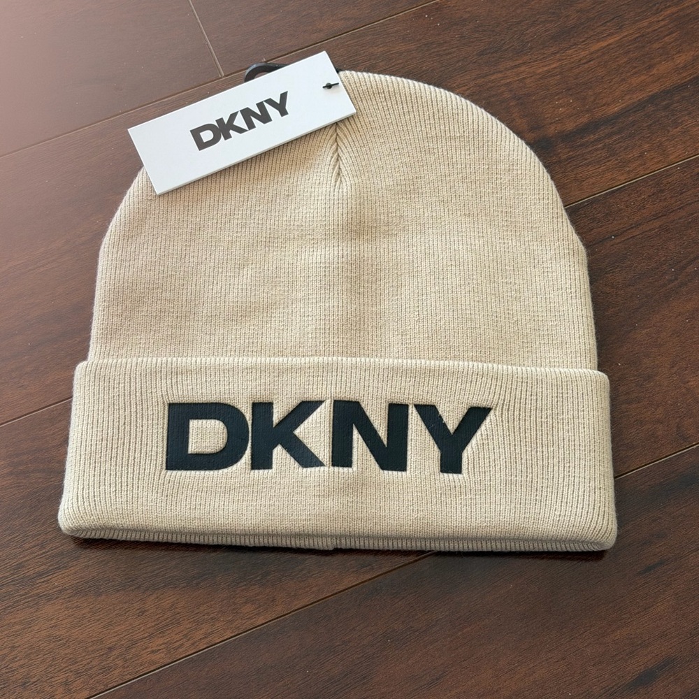 NWT - DKNY Taupe Knit Winter Hat with Logo